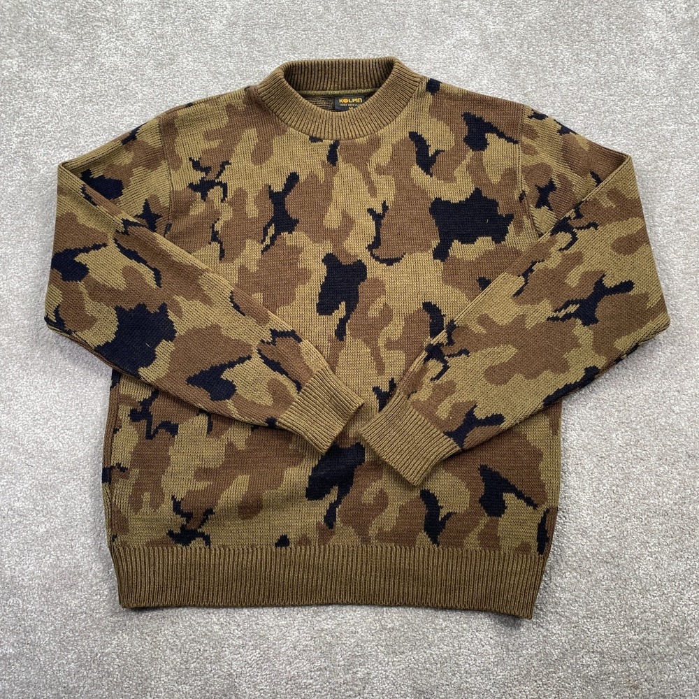 Vintage 80s Kolpin Camo Acrylic Knit Pullover Sweater Men's Size M Brown Tan